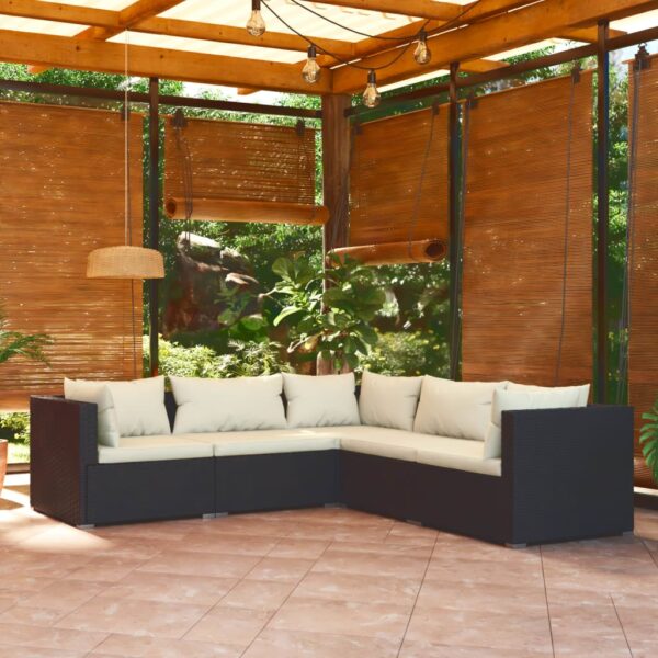 5 Piece Garden Lounge Set with Cushions Poly Rattan Black