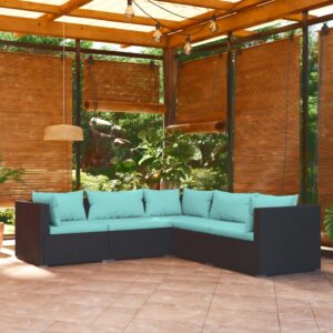 5 Piece Garden Lounge Set with Cushions Poly Rattan Black