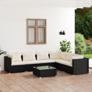 7 Piece Garden Lounge Set with Cushions Poly Rattan Black