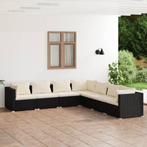 7 Piece Garden Lounge Set with Cushions Poly Rattan Black