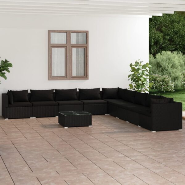 10 Piece Garden Lounge Set with Cushions Poly Rattan Black