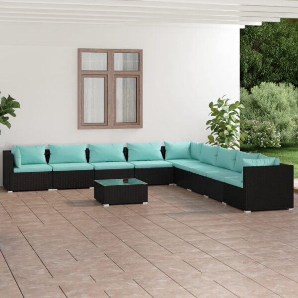 10 Piece Garden Lounge Set with Cushions Poly Rattan Black