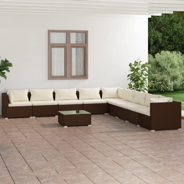 10 Piece Garden Lounge Set with Cushions Poly Rattan Brown