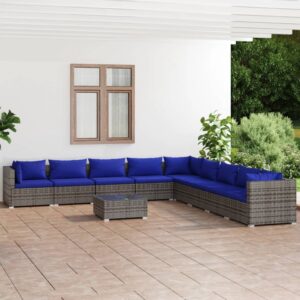 10 Piece Garden Lounge Set with Cushions Poly Rattan Grey