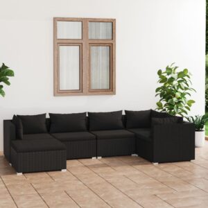 6 Piece Garden Lounge Set with Cushions Poly Rattan Black