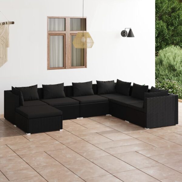 7 Piece Garden Lounge Set with Cushions Poly Rattan Black