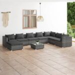 9 Piece Garden Lounge Set with Cushions Poly Rattan Grey