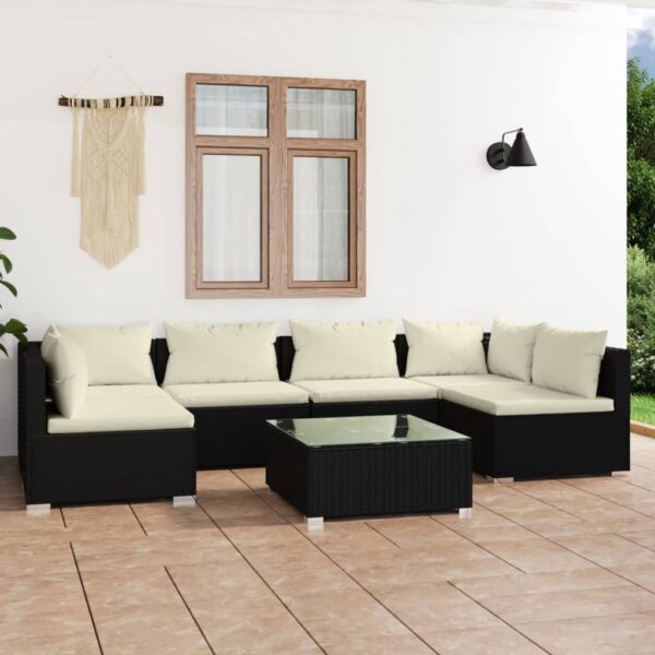 7 Piece Garden Lounge Set with Cushions Poly Rattan Black