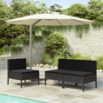 Outdoor Rattan Lounge Chairs Set of 3 with Soft Cushions Weatherproof Black