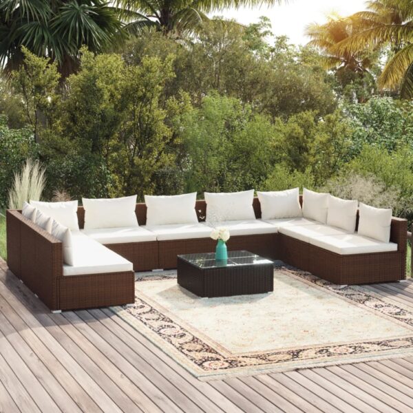 10 Piece Garden Lounge Set with Cushions Poly Rattan Brown