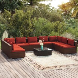 10 Piece Garden Lounge Set with Cushions Poly Rattan Brown