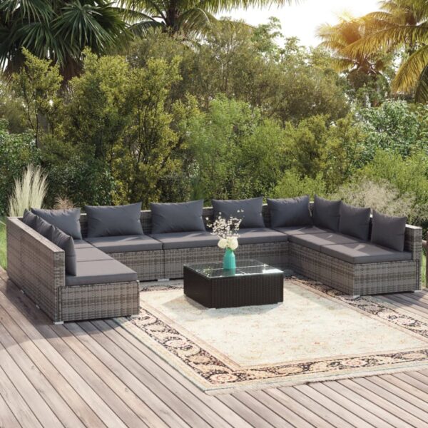 10 Piece Garden Lounge Set with Cushions Poly Rattan Grey