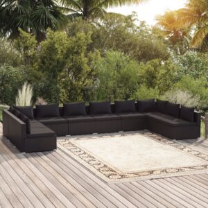 10 Piece Garden Lounge Set with Cushions Poly Rattan Black