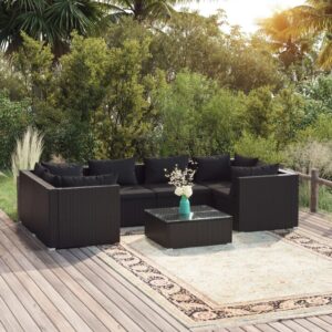 7 Piece Garden Lounge Set with Cushions Poly Rattan Black