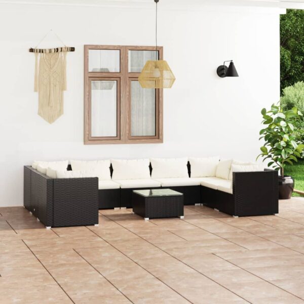 10 Piece Garden Lounge Set with Cushions Poly Rattan Black