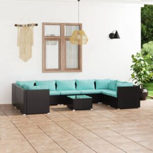 10 Piece Garden Lounge Set with Cushions Poly Rattan Black