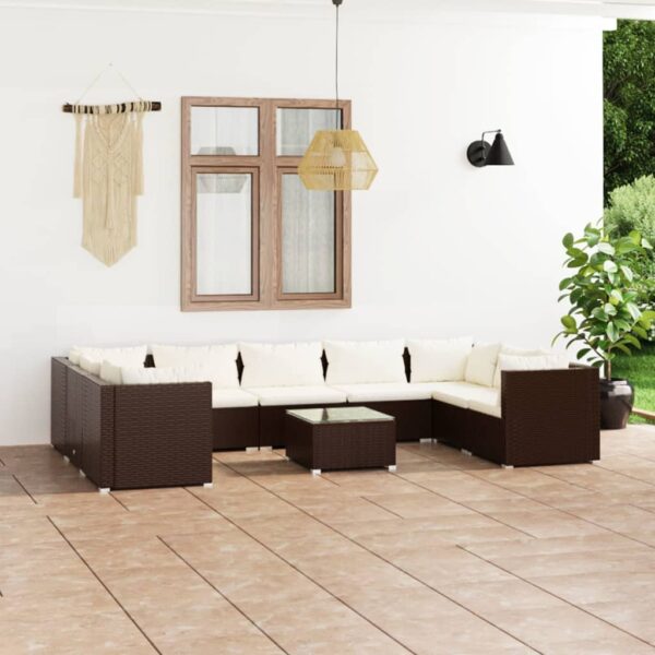 10 Piece Garden Lounge Set with Cushions Poly Rattan Brown