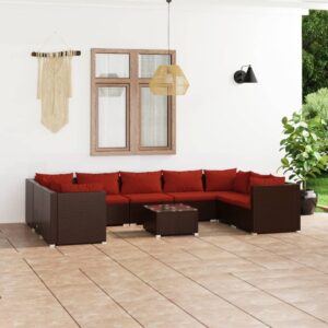 10 Piece Garden Lounge Set with Cushions Poly Rattan Brown