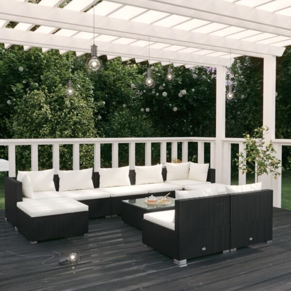 10 Piece Garden Lounge Set with Cushions Black Poly Rattan