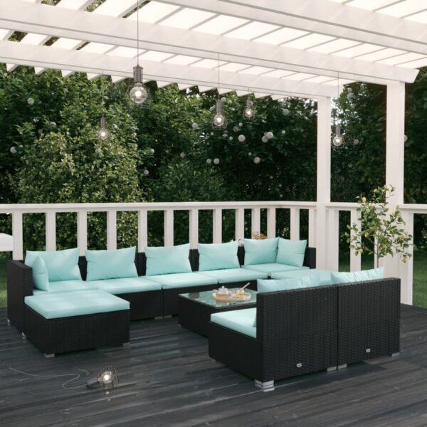 10 Piece Garden Lounge Set with Cushions Black Poly Rattan