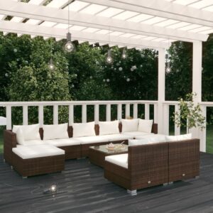 10 Piece Garden Lounge Set with Cushions Brown Poly Rattan