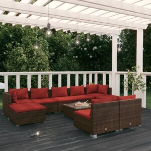 10 Piece Garden Lounge Set with Cushions Brown Poly Rattan