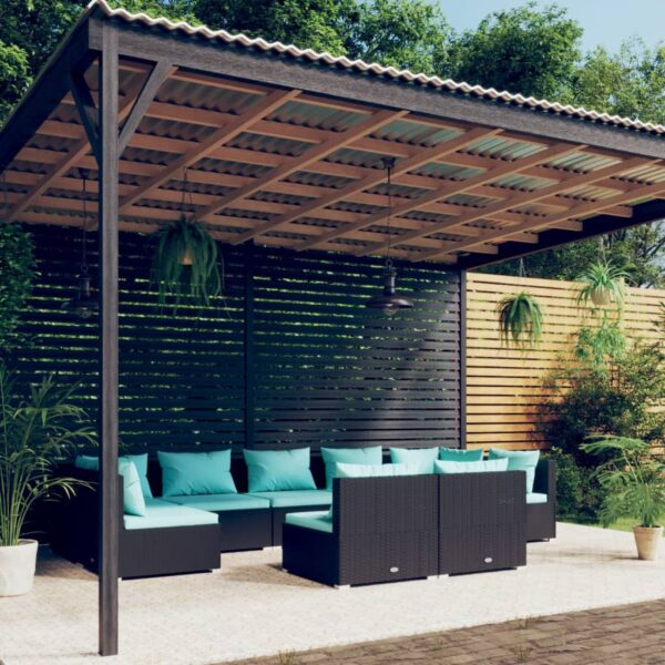 9 Piece Garden Lounge Set with Cushions Black Poly Rattan