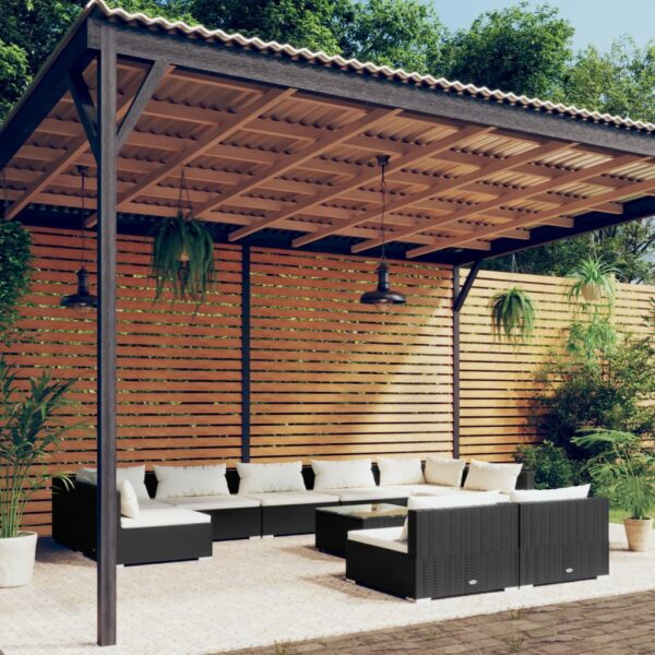 10 Piece Garden Lounge Set with Cushions Black Poly Rattan