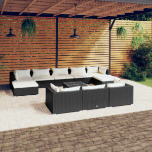 11 Piece Garden Lounge Set with Cushions Black Poly Rattan