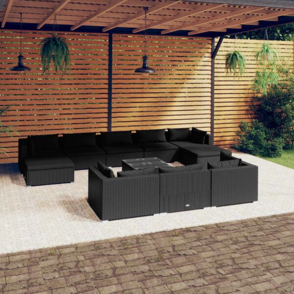 11 Piece Garden Lounge Set with Cushions Black Poly Rattan