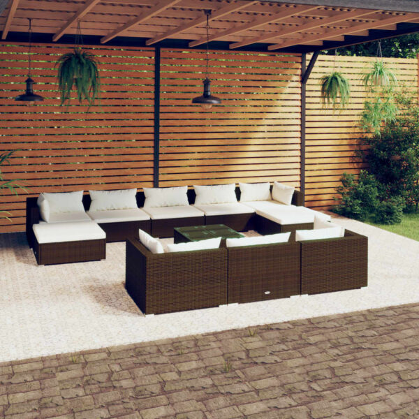 11 Piece Garden Lounge Set with Cushions Brown Poly Rattan