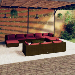 11 Piece Garden Lounge Set with Cushions Brown Poly Rattan