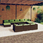 11 Piece Garden Lounge Set with Cushions Brown Poly Rattan