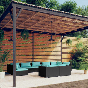 9 Piece Garden Lounge Set with Cushions Black Poly Rattan