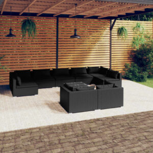 10 Piece Garden Lounge Set with Cushions Black Poly Rattan