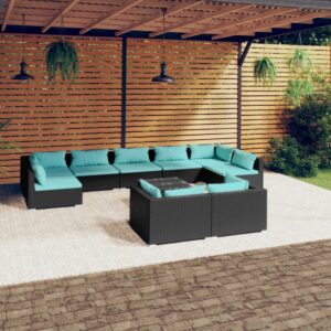 10 Piece Garden Lounge Set with Cushions Black Poly Rattan