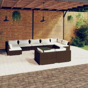 10 Piece Garden Lounge Set with Cushions Brown Poly Rattan