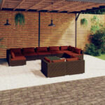 10 Piece Garden Lounge Set with Cushions Brown Poly Rattan