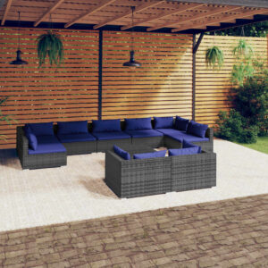 10 Piece Garden Lounge Set with Cushions Grey Poly Rattan