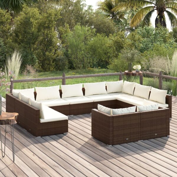 11 Piece Garden Lounge Set with Cushions Brown Poly Rattan