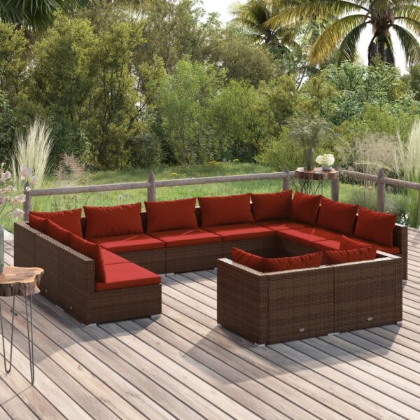 11 Piece Garden Lounge Set with Cushions Brown Poly Rattan