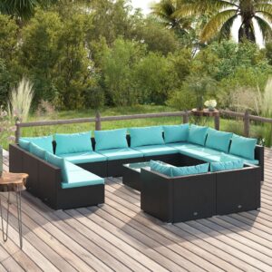 12 Piece Garden Lounge Set with Cushions Black Poly Rattan