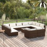 12 Piece Garden Lounge Set with Cushions Brown Poly Rattan