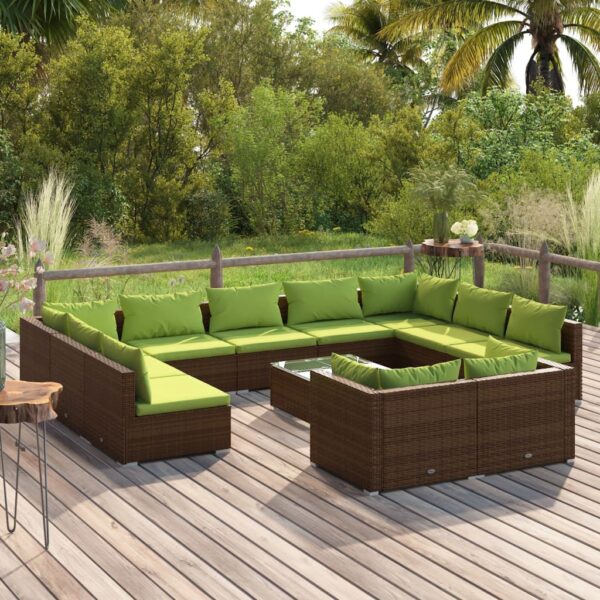 12 Piece Garden Lounge Set with Cushions Brown Poly Rattan