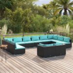 12 Piece Garden Lounge Set with Cushions Black Poly Rattan