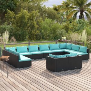 12 Piece Garden Lounge Set with Cushions Black Poly Rattan