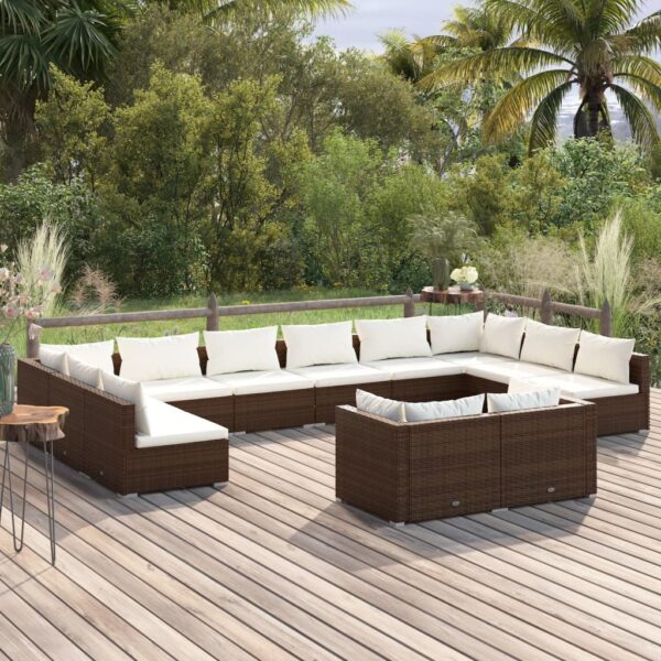 12 Piece Garden Lounge Set with Cushions Brown Poly Rattan