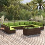 12 Piece Garden Lounge Set with Cushions Brown Poly Rattan