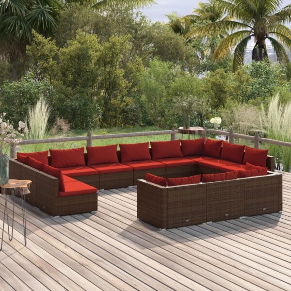 13 Piece Garden Lounge Set with Cushions Brown Poly Rattan