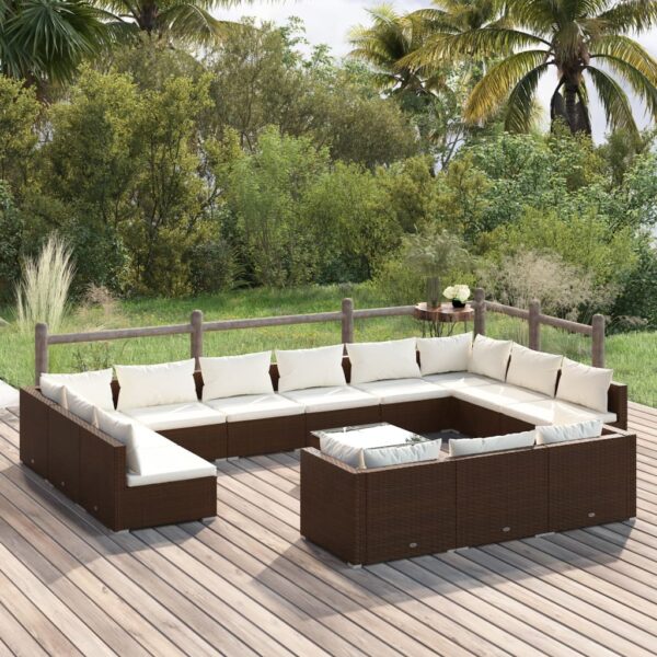 14 Piece Garden Lounge Set with Cushions Brown Poly Rattan